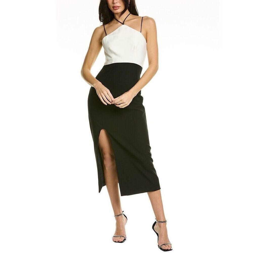 Cinq A Sept Women's Ivory & Black Colorblock Faye Halteneck Midi Dress Sz 8 NWT